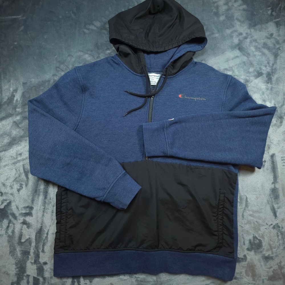 Champion Mens XL Quarter Zip‎ Hoodie Navy Blue Heather Black Nylon Mix Pullover